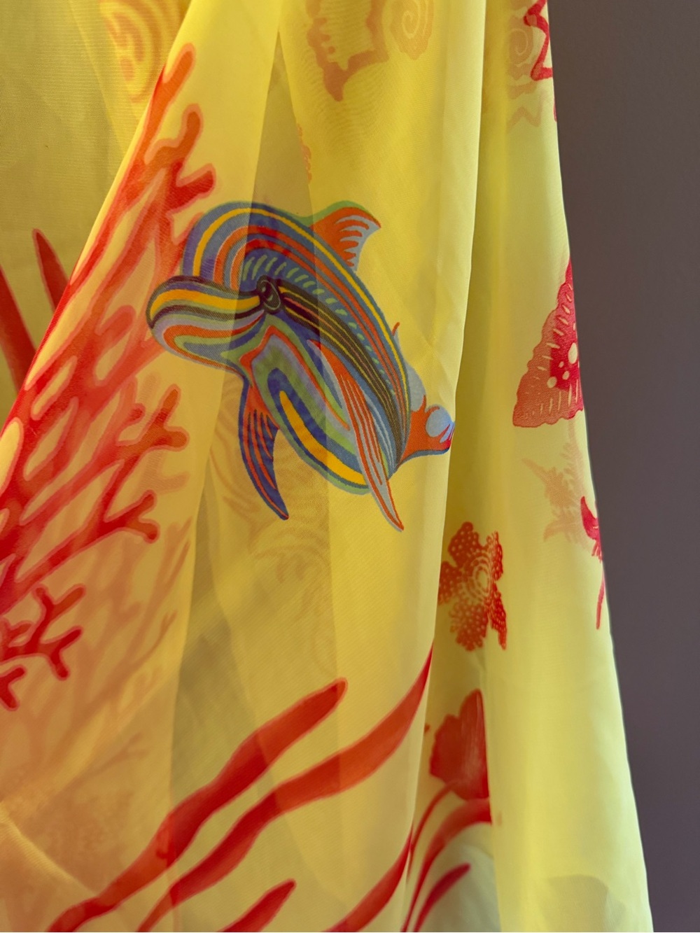 Tropical 🏝️ Yellow & Red Sheer Ocean-Print Sarong wrap w/ Coral & Dolphin Motif - Picture 3 of 6